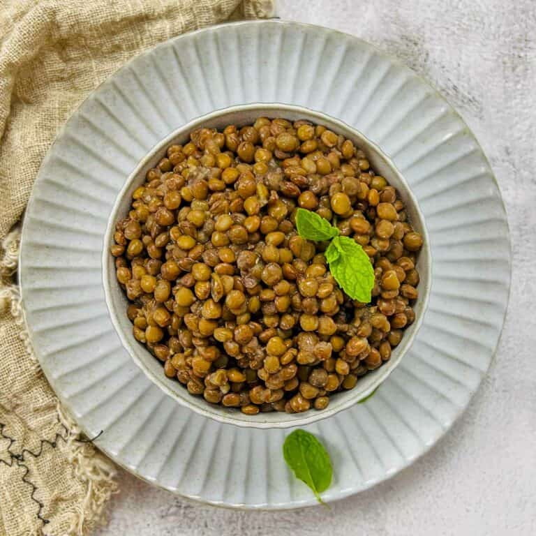 Cooked brown lentils topped with a mint leaf.