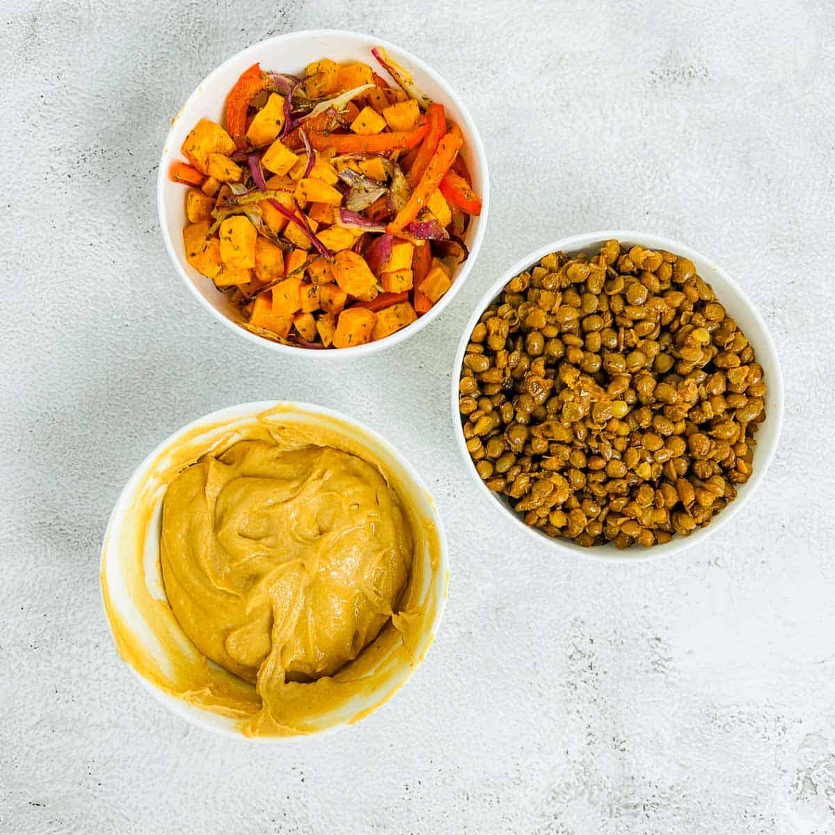 Components of buddha bowl ready for assembly.