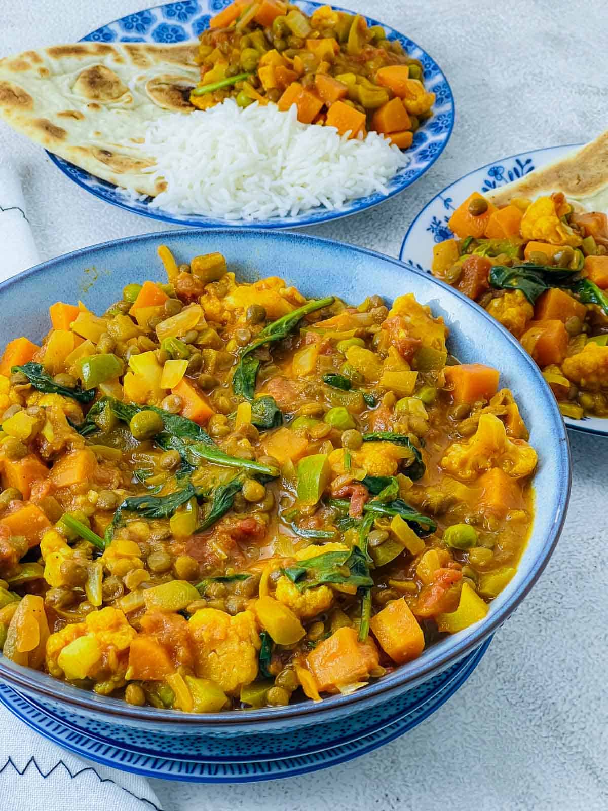 A big bowl of vegetable lentil curry.