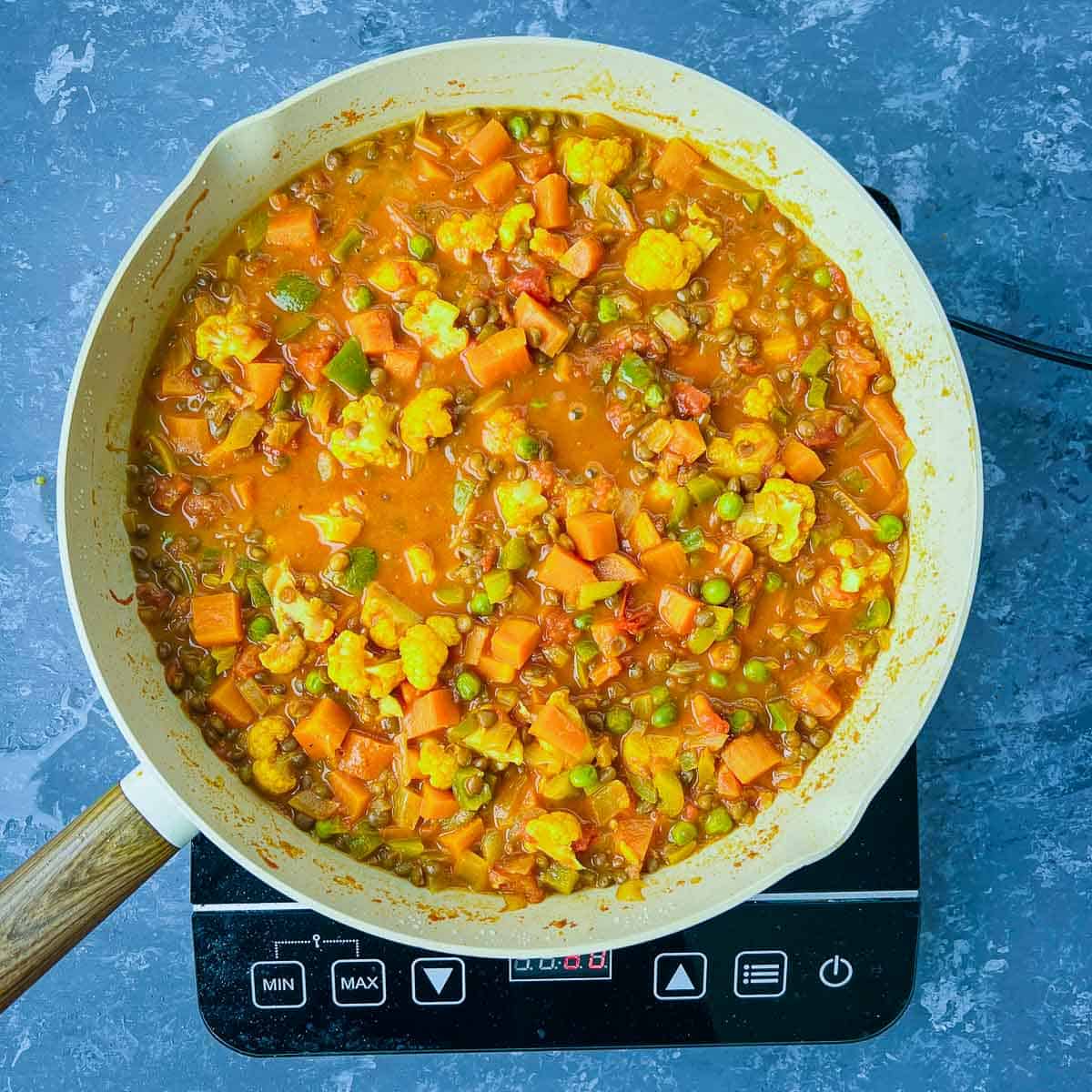 Simmered curry in frying pan.