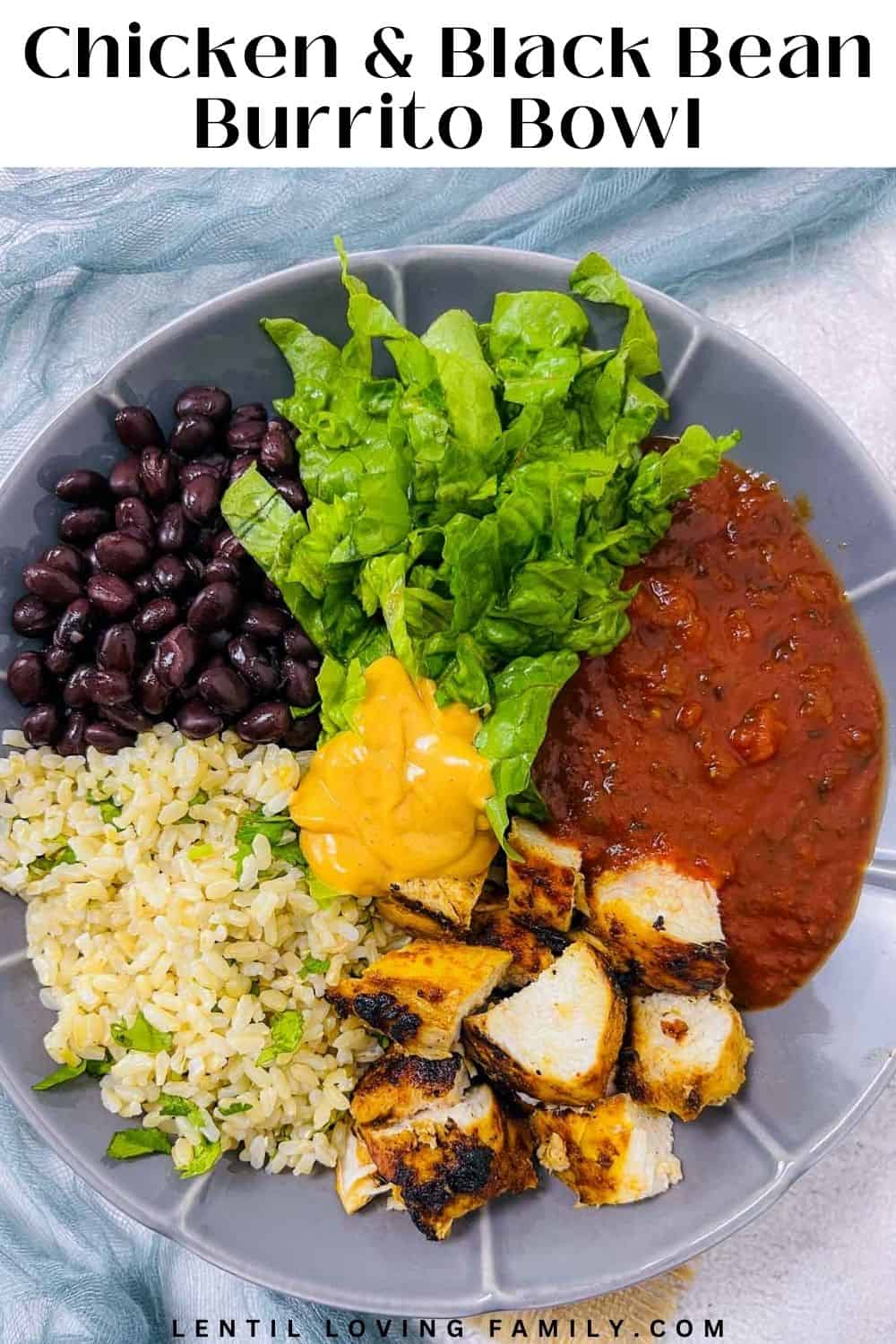 Chicken black bean burrito bowl Pinterest image.