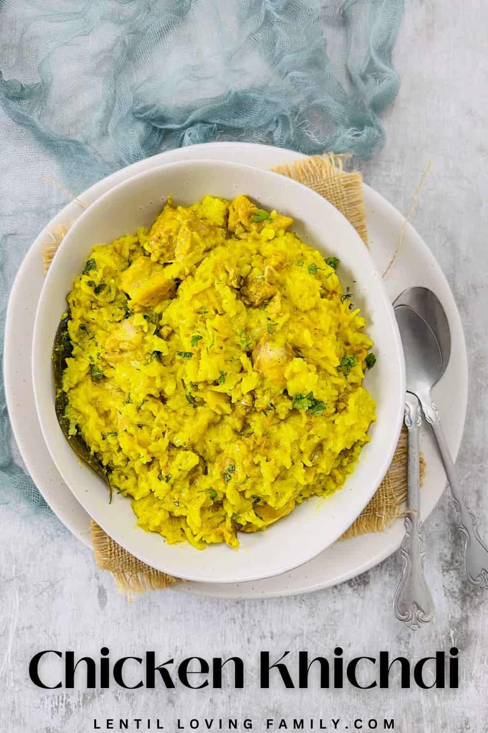 Chicken khichdi topped with cilantro ready to be served.