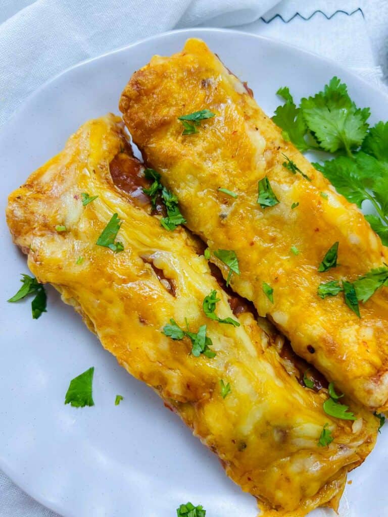 Chicken lentil enchiladas on a white plate.