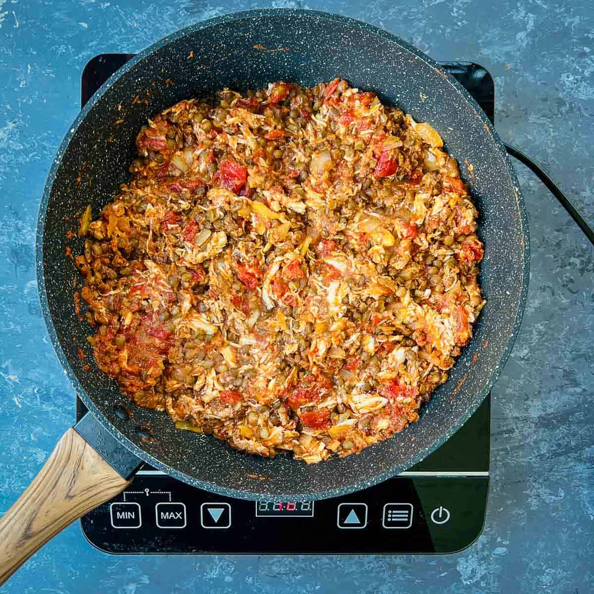 Chicken and lentils cooked in onion-tomato base.