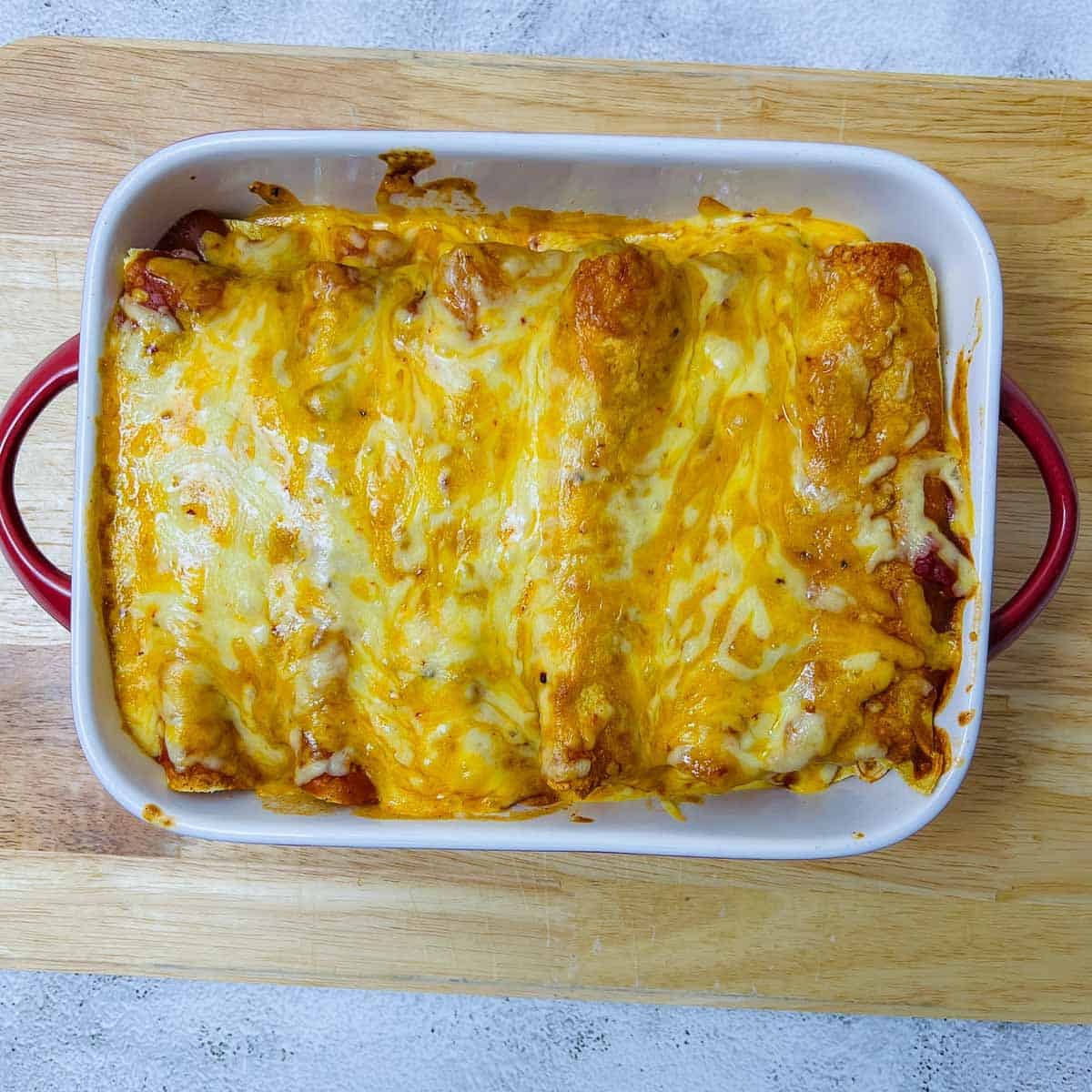 Chicken lentil enchiladas baked in the oven.