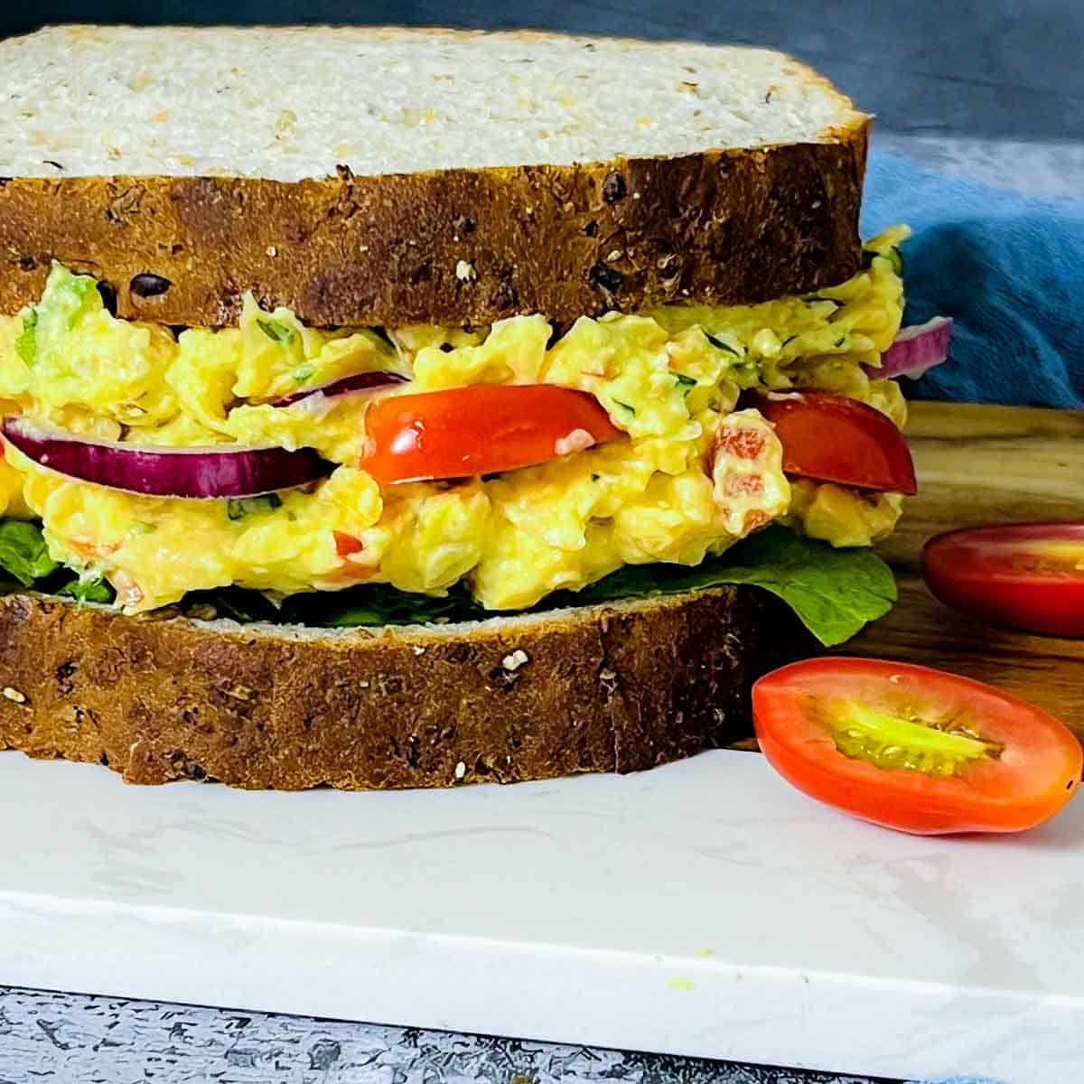 Chickpea salad sandwich close up.