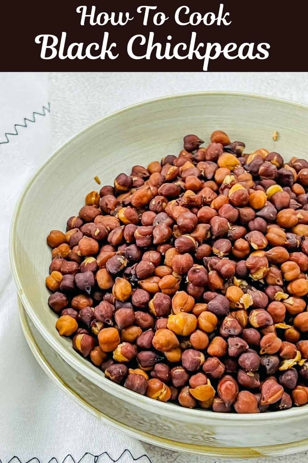 Cooked black chickpeas Pinterest image.