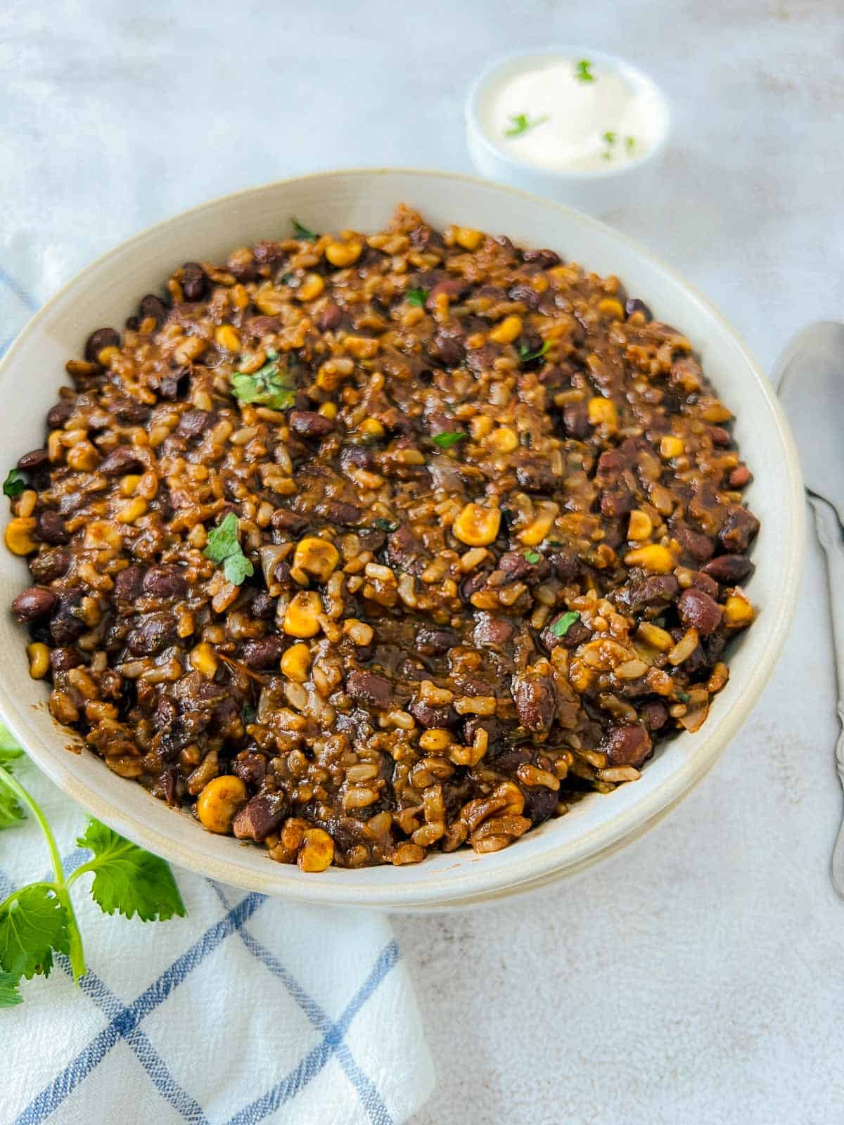 Mexican rice and beans in a white bowl.