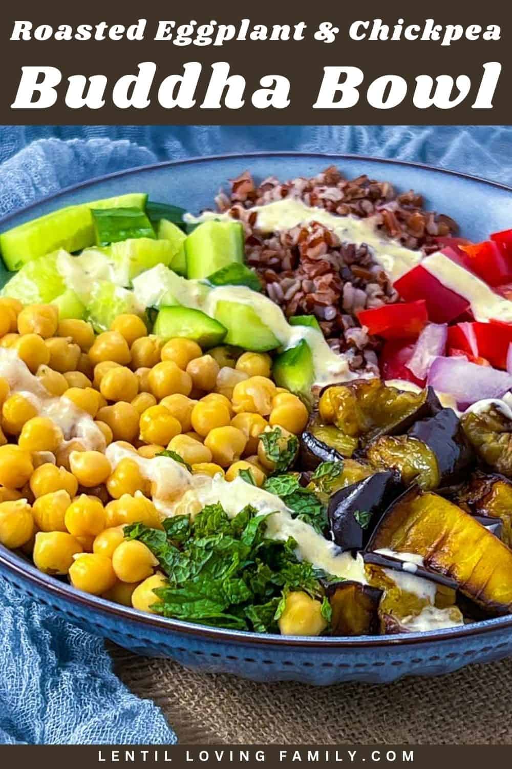 Eggplant chickpea Buddha bowl Pinterest image.