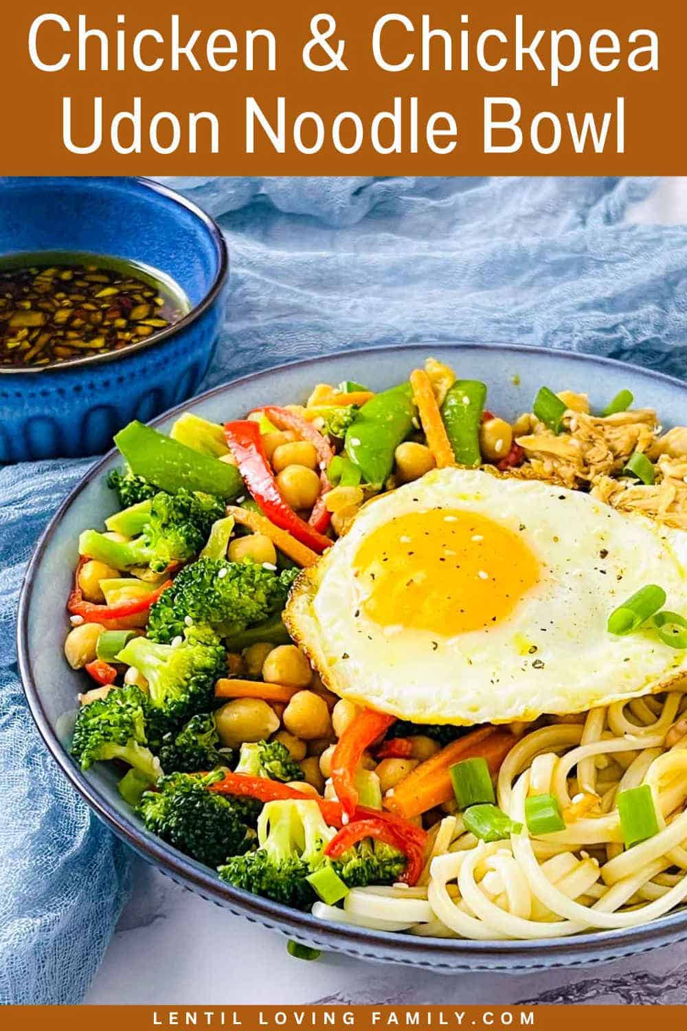 Chicken and chickpea udon noodle bowl pinterest image.