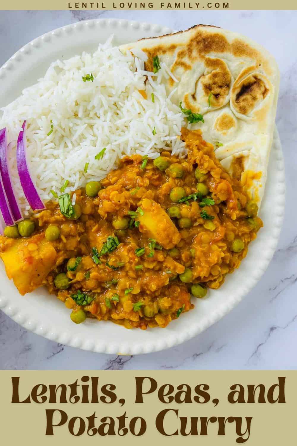 Lentil, peas and potato curry Pinterest image.