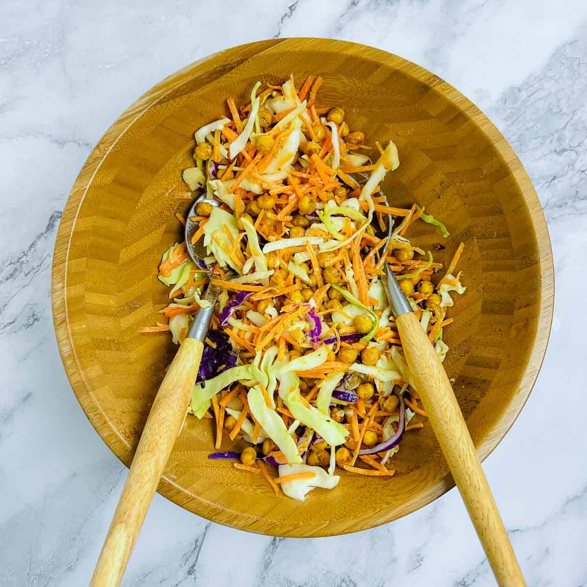 Dressing tossed with the veggies.
