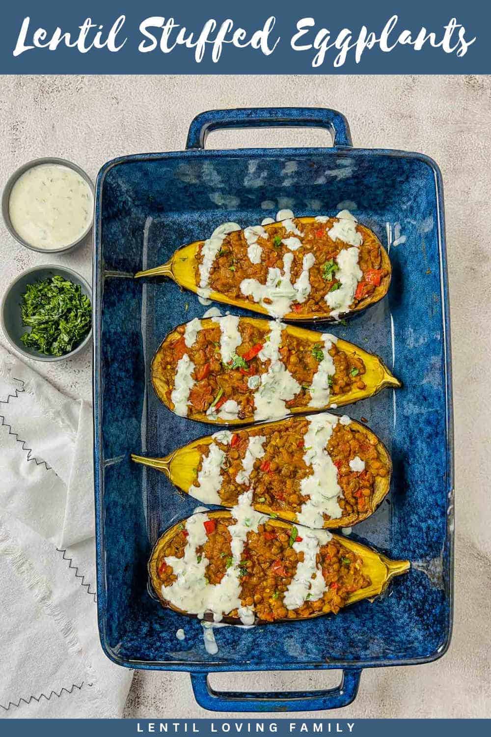 Lentil stuffed eggplant Pinterest image.