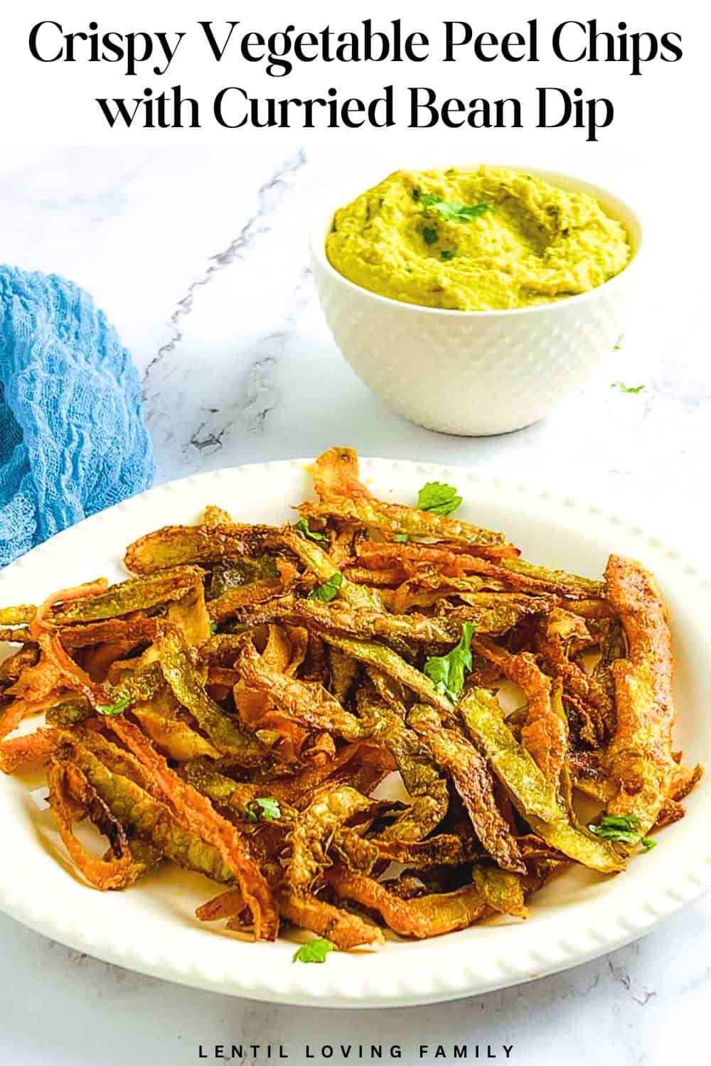 Vegetable peel chips with curried bean dip Pinterest image.