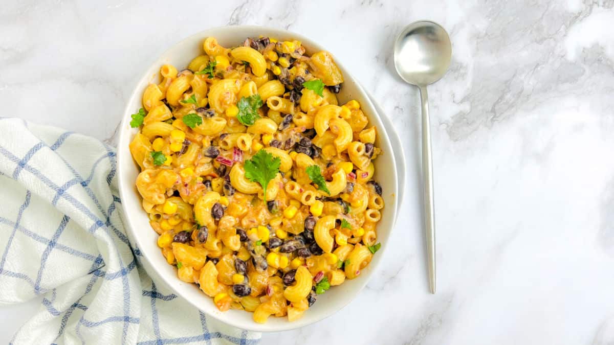 Mexican macaroni salad in a white bowl.