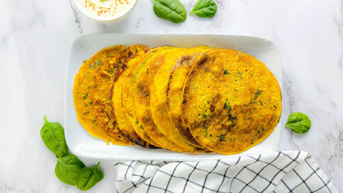 Chickpea flour pancakes landscape image.