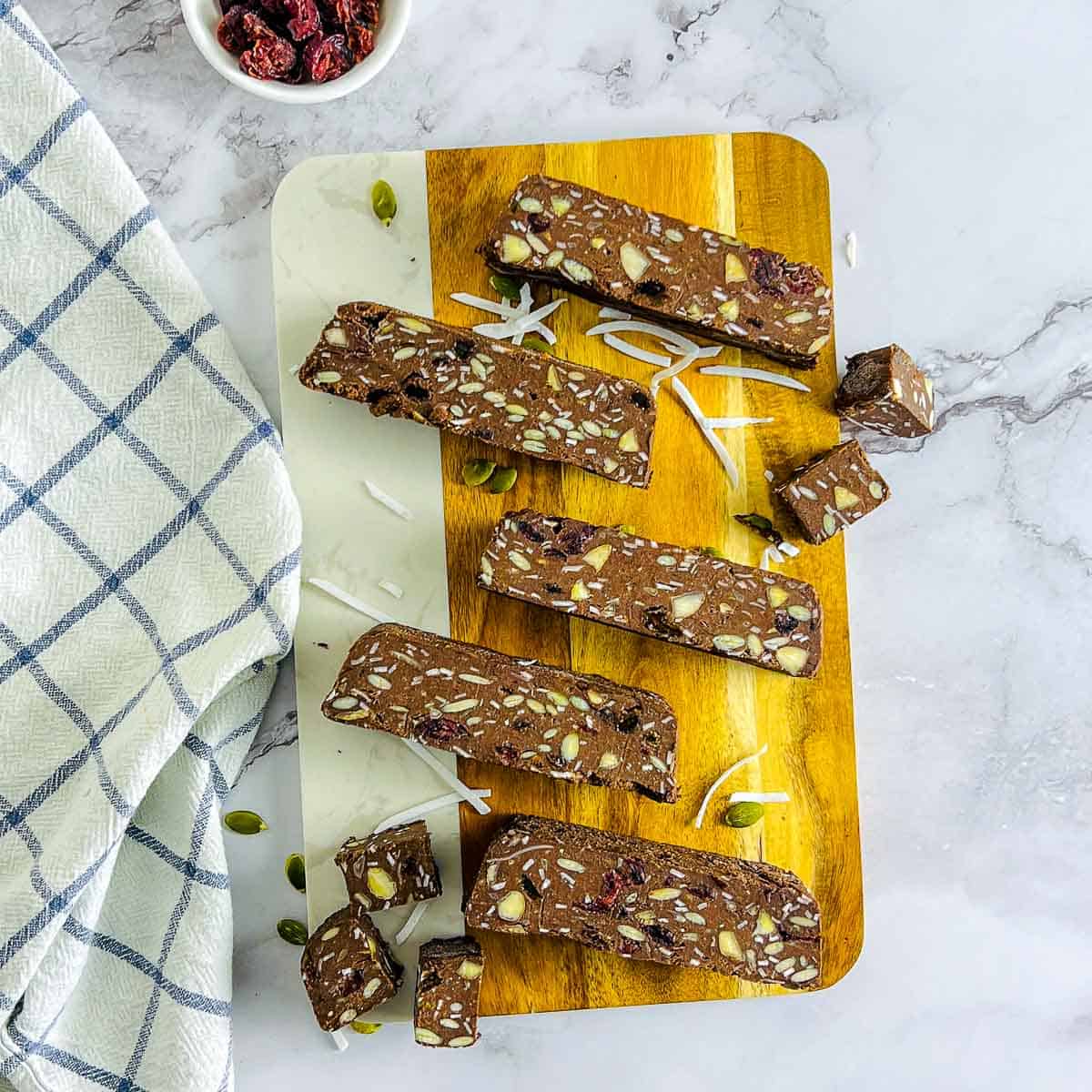 Lentil energy bars on a wooden board.