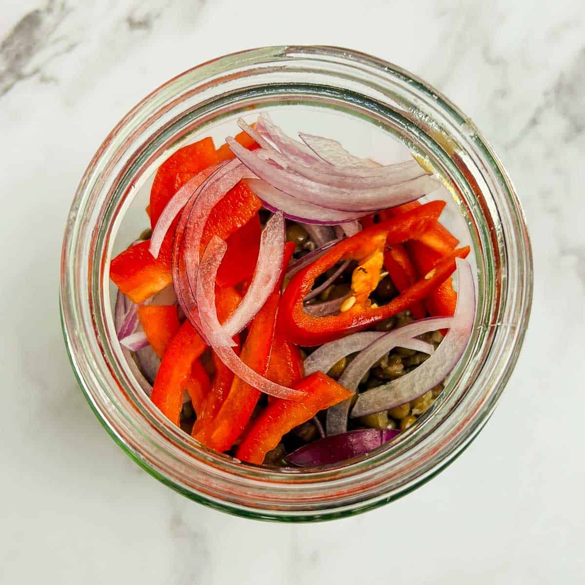 Lentils and veggies in a jar.