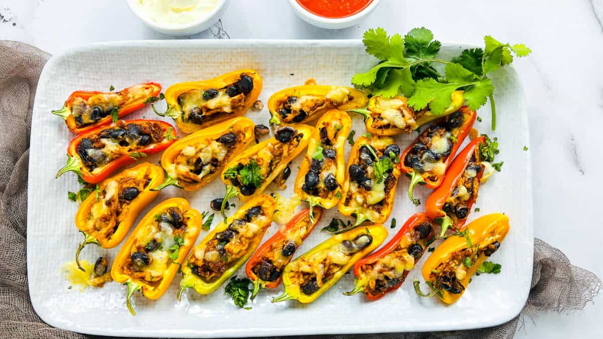 Chicken taco stuffed sweet pepper social media post.