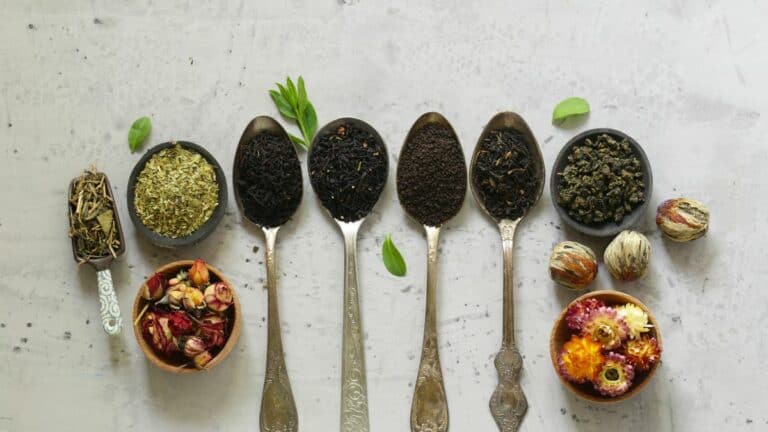 Various types to tea on a white surface.