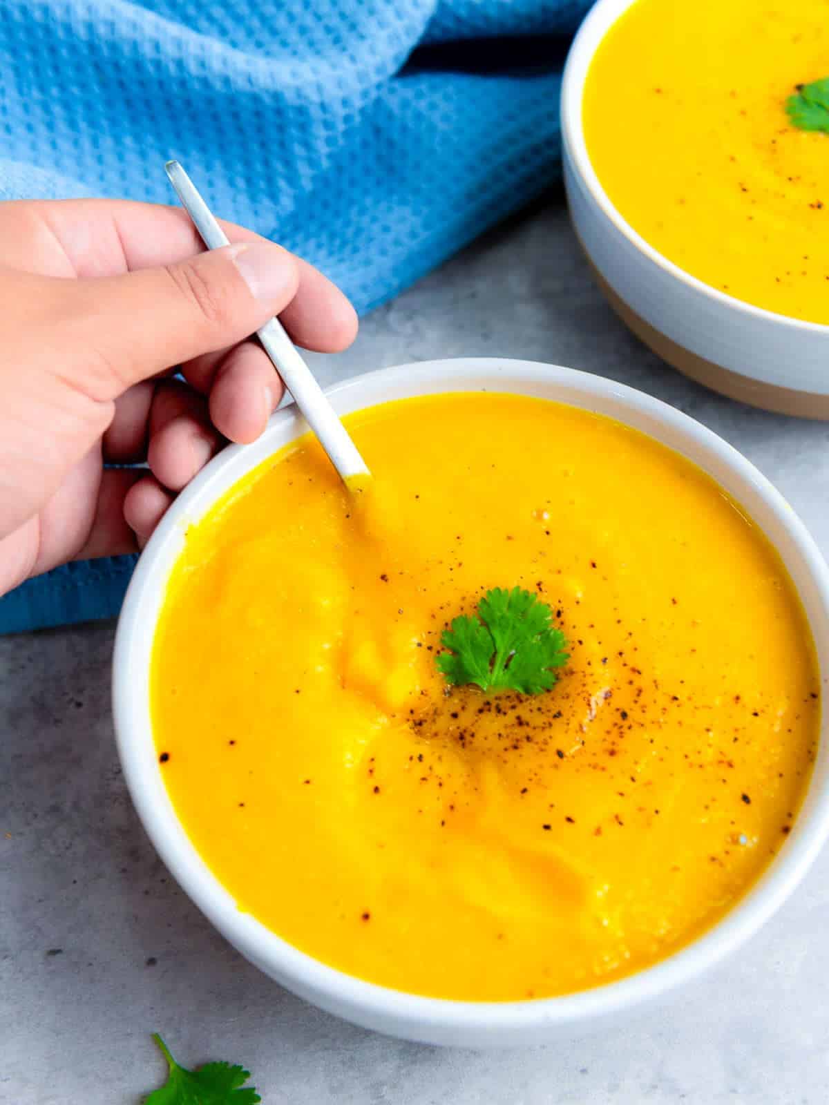 Spoon in a bowl of butternut squash soup.