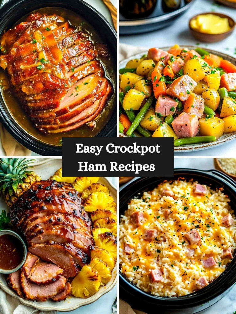 A 4-picture collage of crocpot ham recipes.