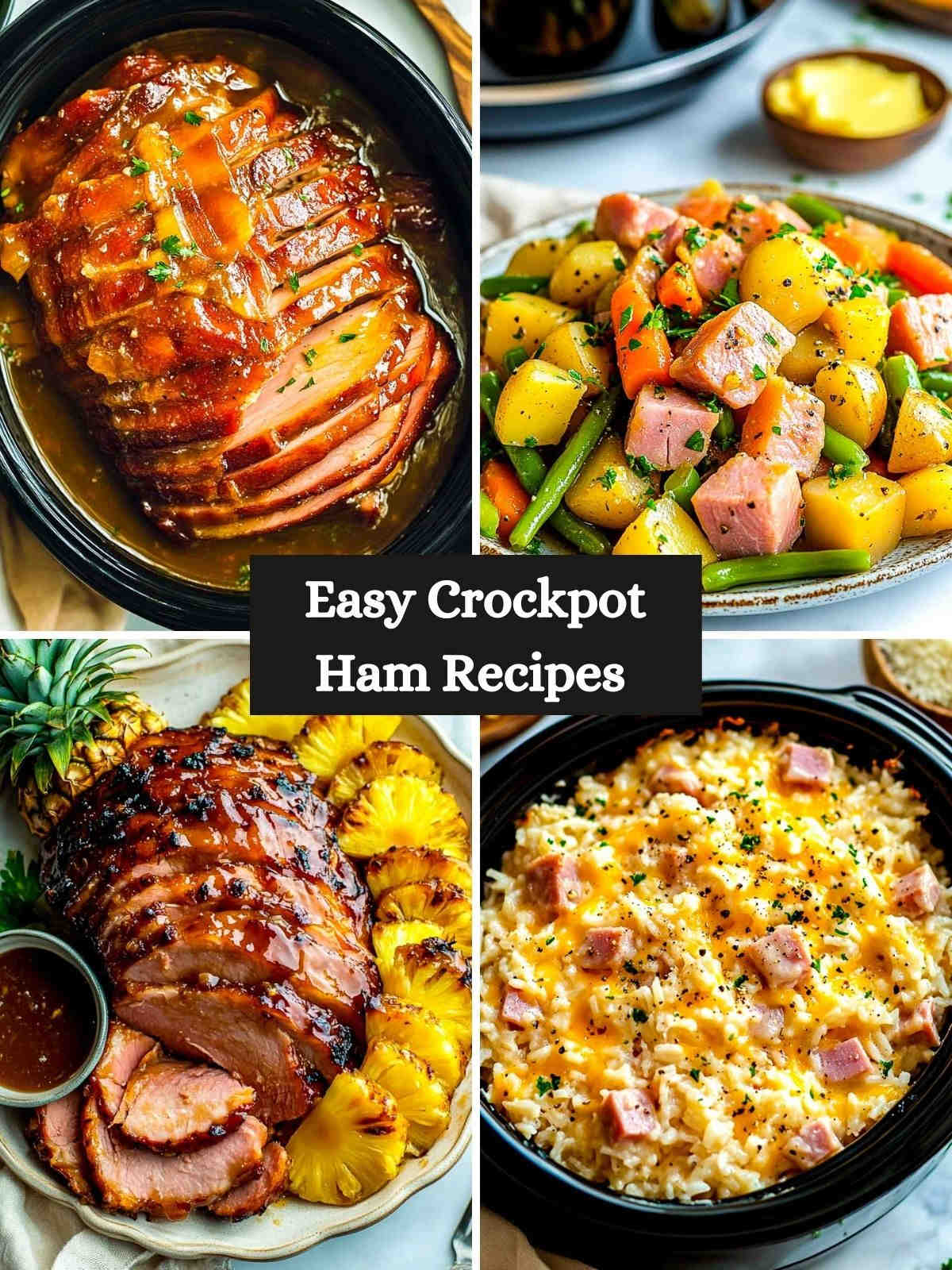 A 4-picture collage of crocpot ham recipes.