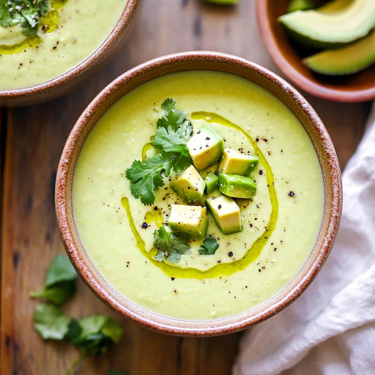 Avocado lime soup bowl topped with diced avocados.