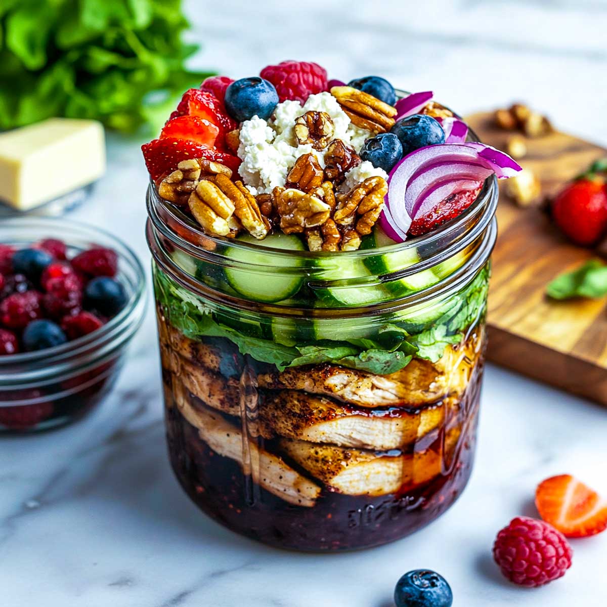 Chicken and berries jar with berries in the background.