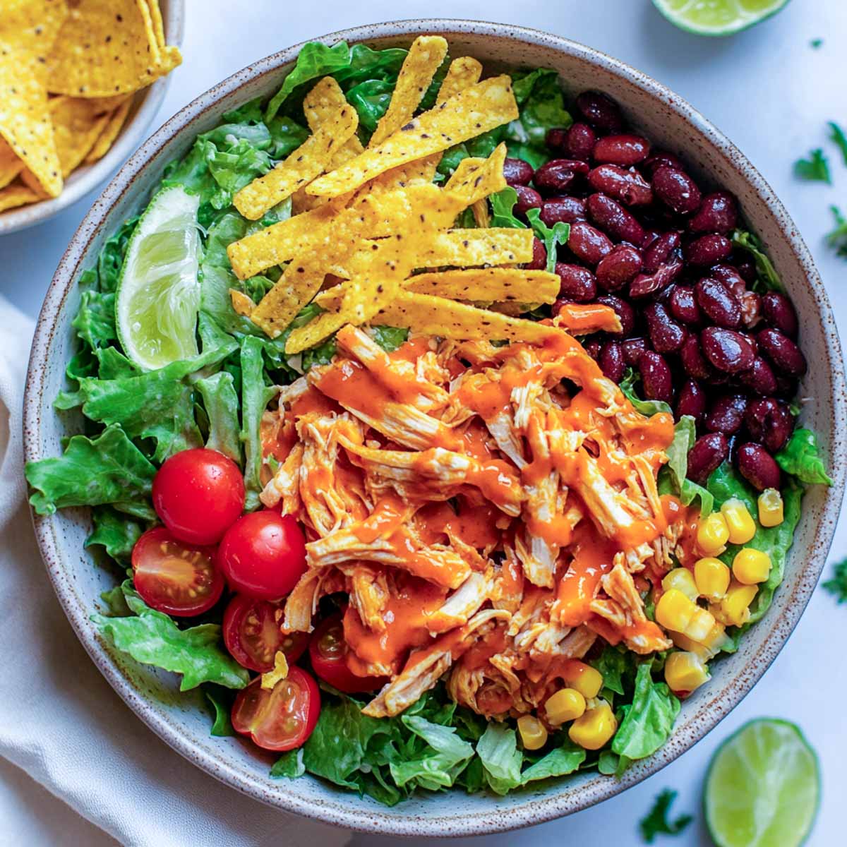 Bbq chicken salad bowl with beans and tomatoes.