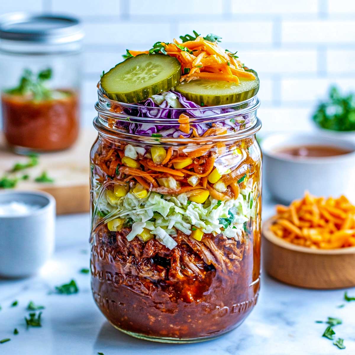 Pulled pork with slaw and pickles.