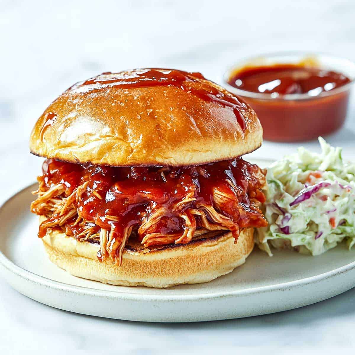 Shredded bbq chicken sandwich served with coleslaw.