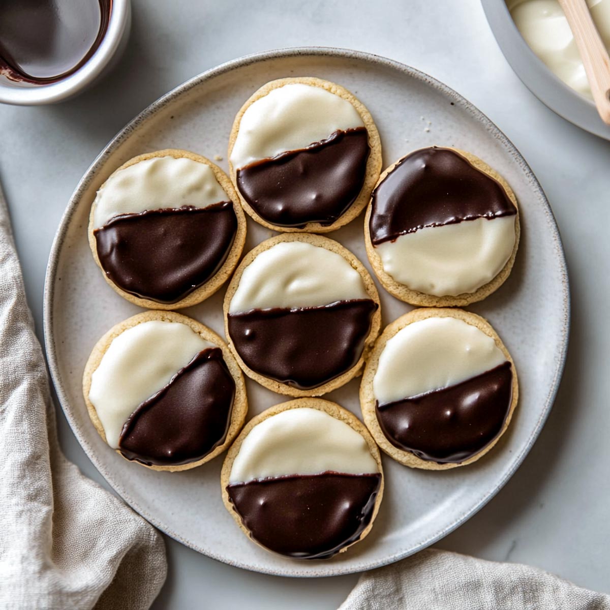 A plate of black and white cookies on a white marble surface.