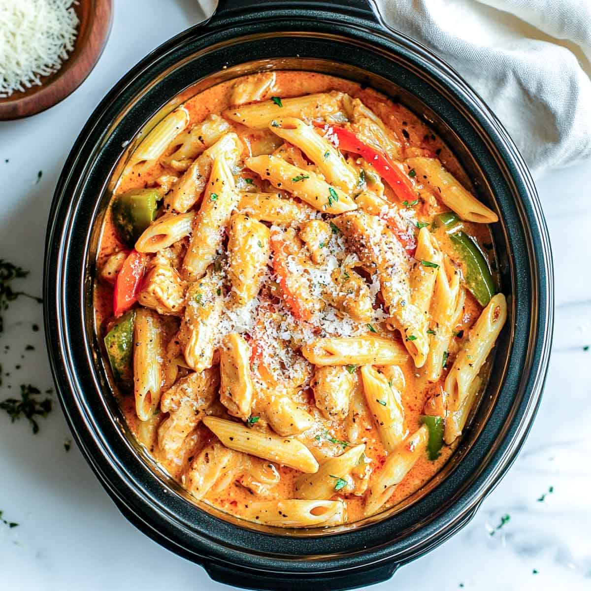 Cajun spiced pasta on a marble surface.