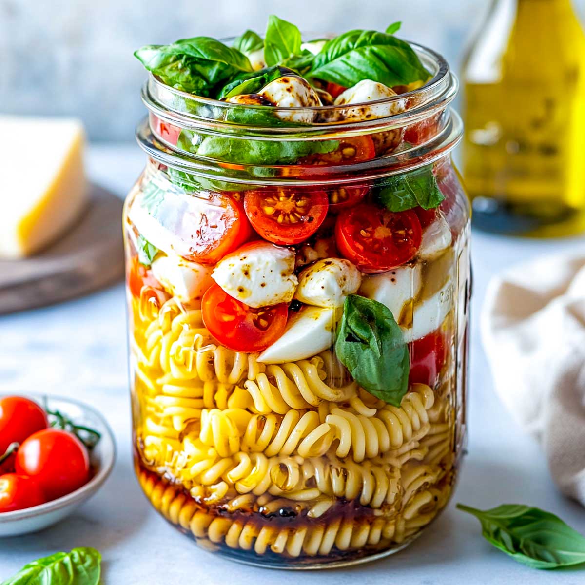 Caprese pasta salad jar with cheese block in the background.