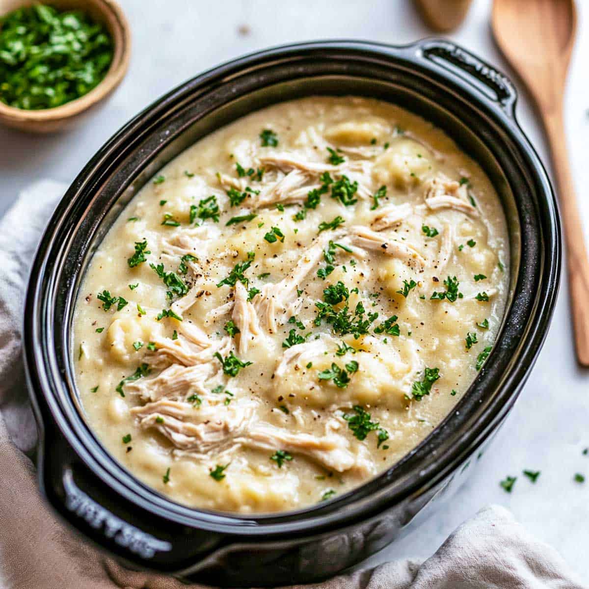 Chicken and dumplings in the crockpot.