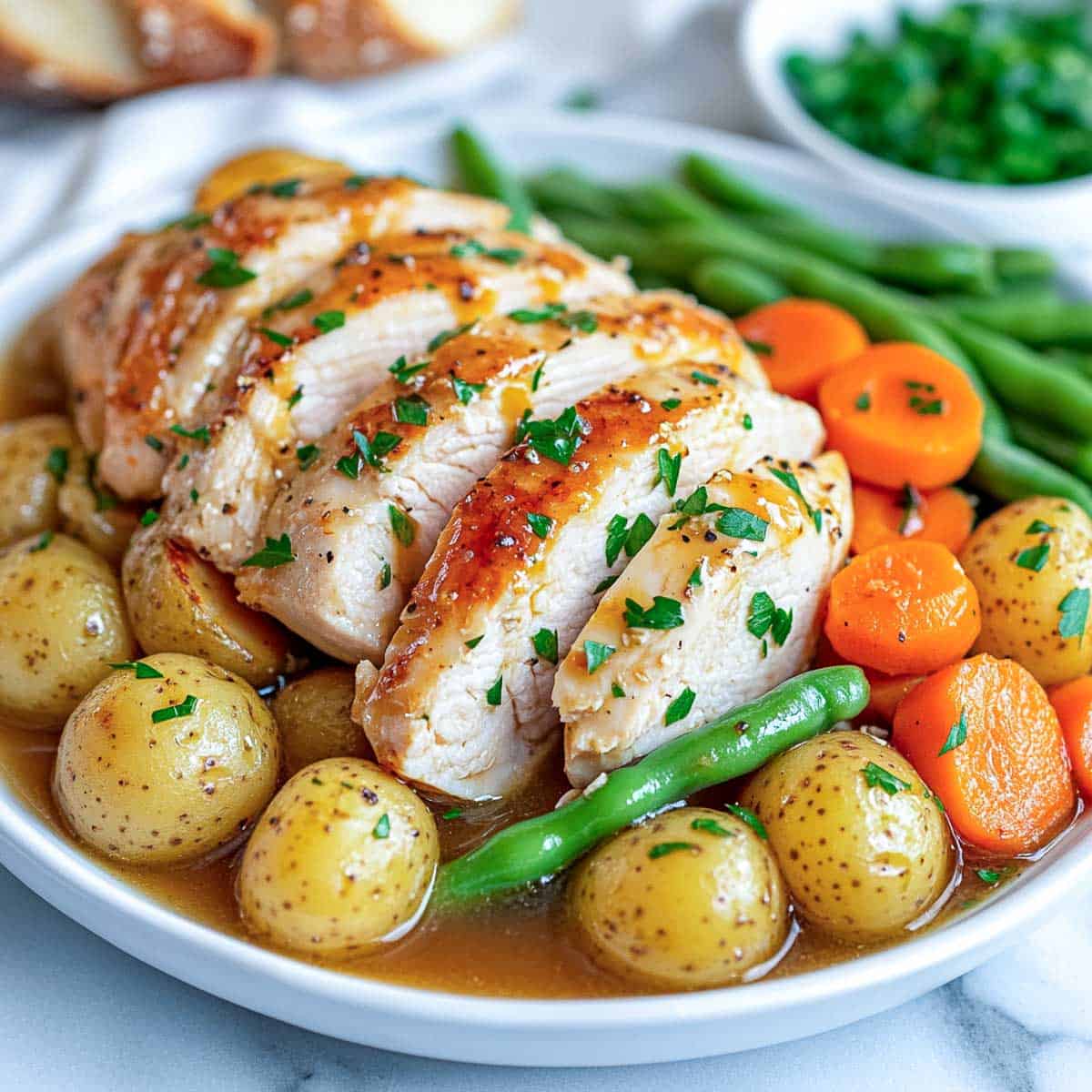 Perfect cooked chicken sliced and served on vegetables.