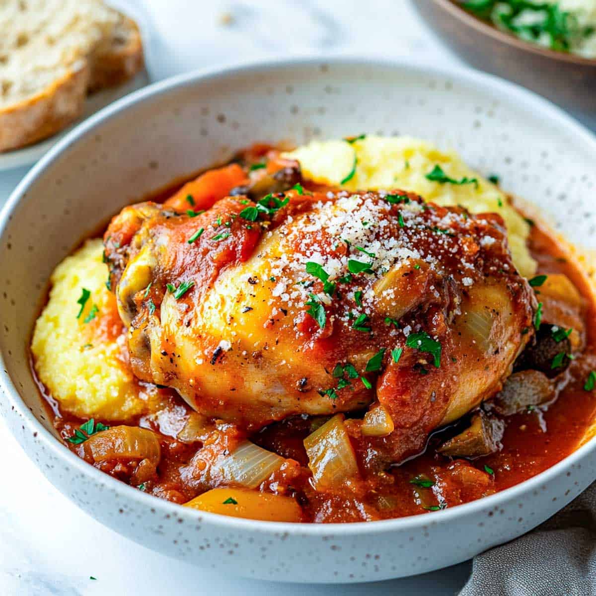 Chicken cacciatore served over mashed potatoes.