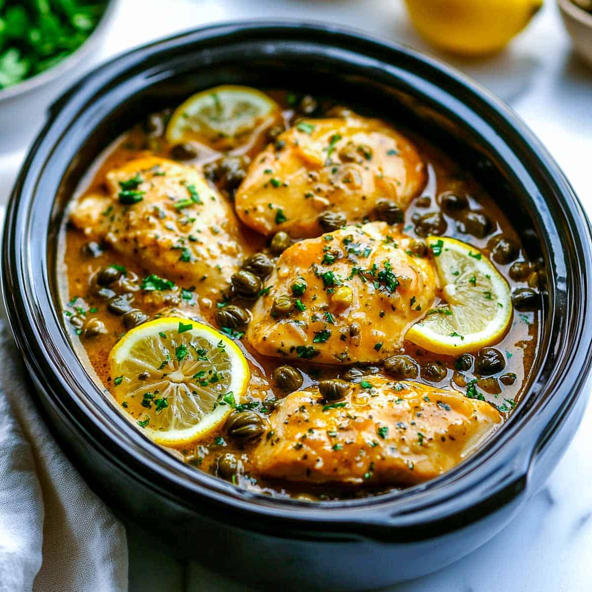 Chicken piccata made in crockpot.