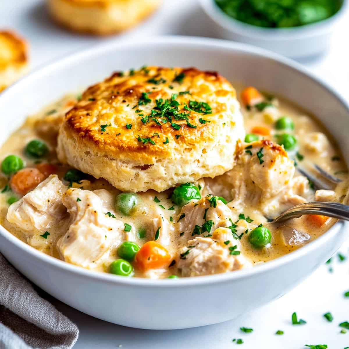 Pot pie topped with crunchy biscuit.