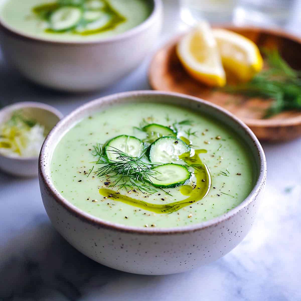 Side view of two bowls of cucumber dill soup.