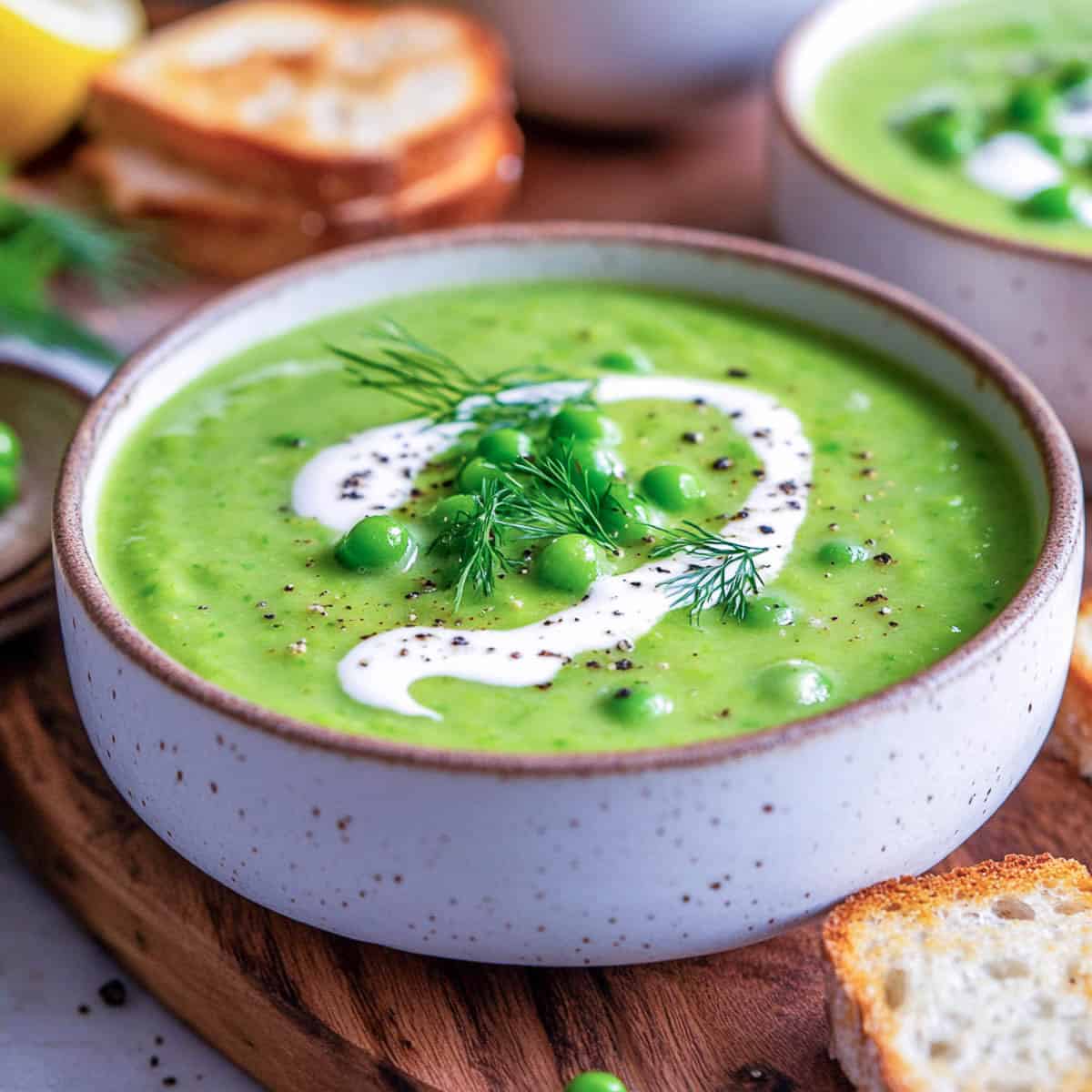 Two bowls of pea and dill soup on a wooden surface.