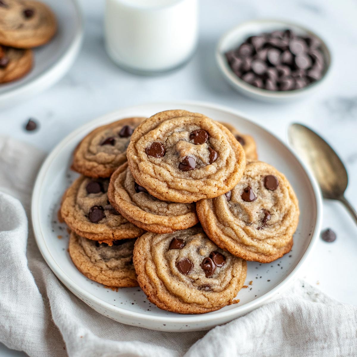 Classic chocolate chip cookies on a plate with a glass of milk in the background.