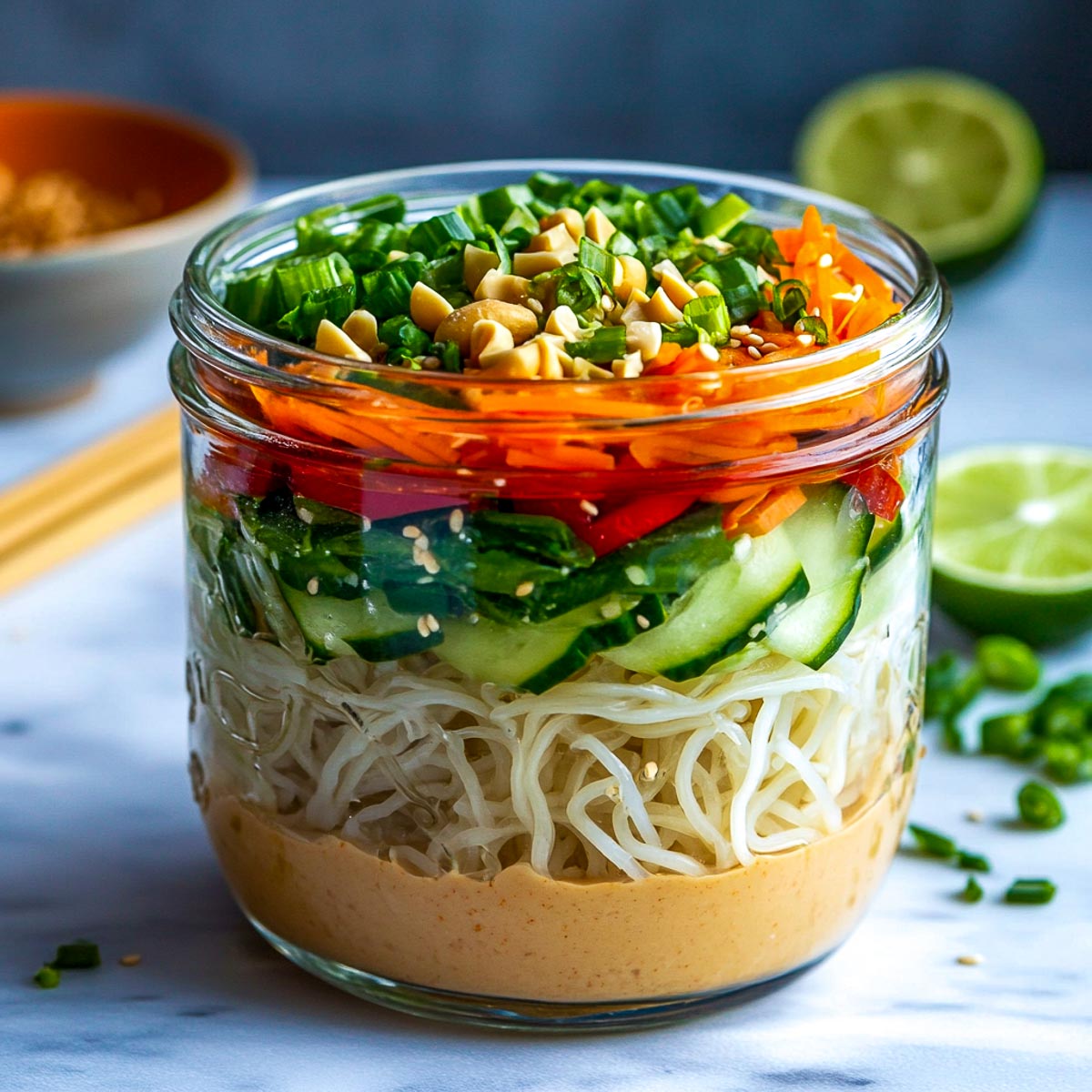 Cold noodle jar with sesame dressing.