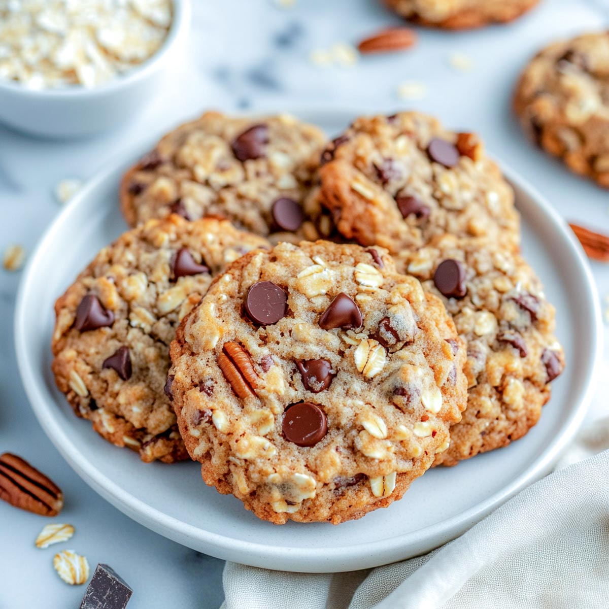 Cowboy cookies with pecan and coconut placed on a white plate.