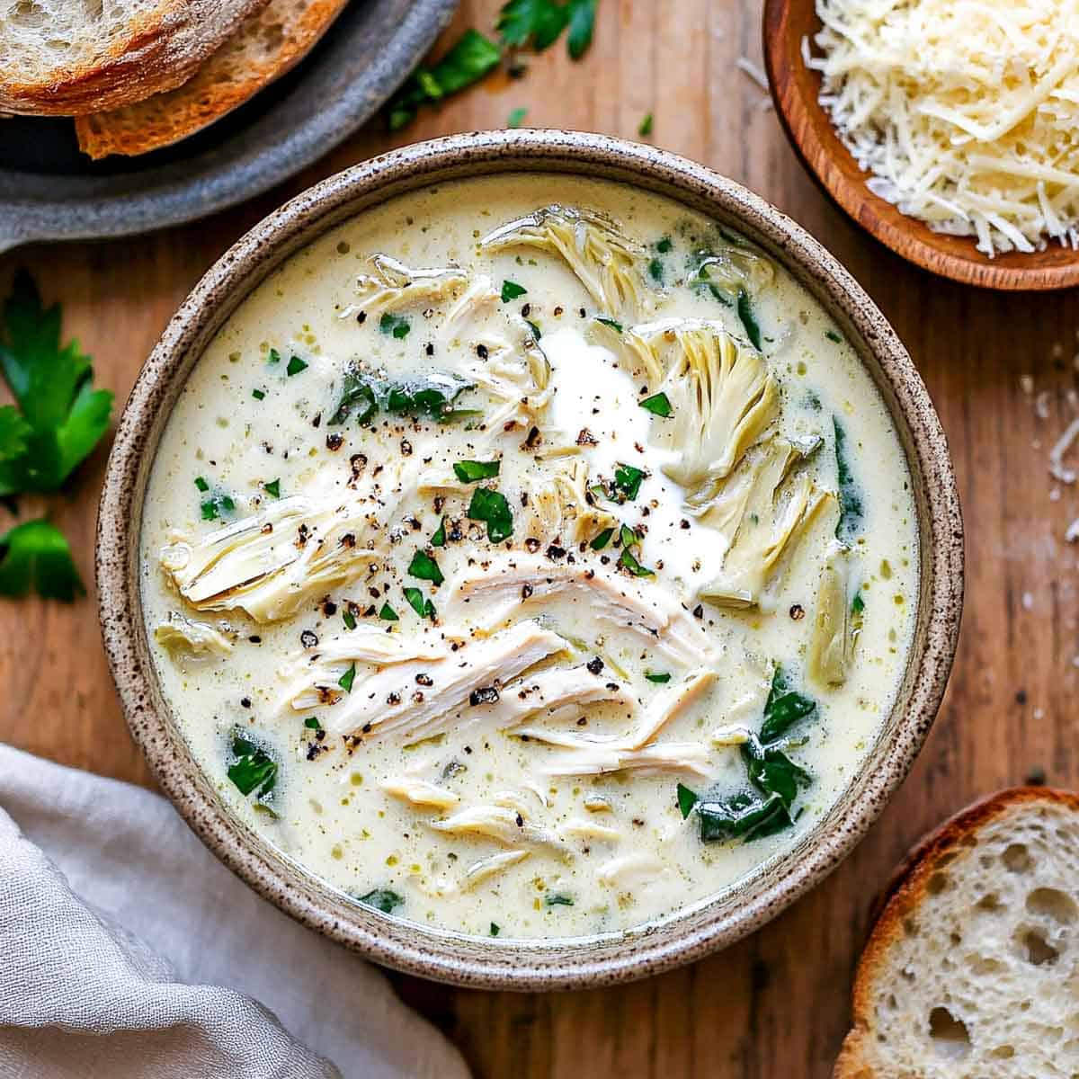 A bowl of artichoke chicken soup on a wooden surface served with bread.