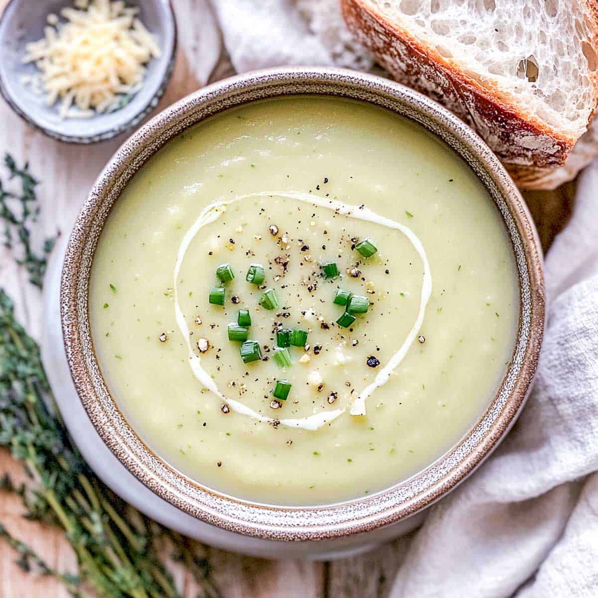 A bowl of asparagus leek soup served with crusty bread.