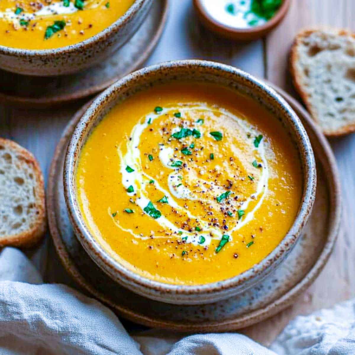Creamy carrot ginger soup in a grey bowl served with rustic bread.