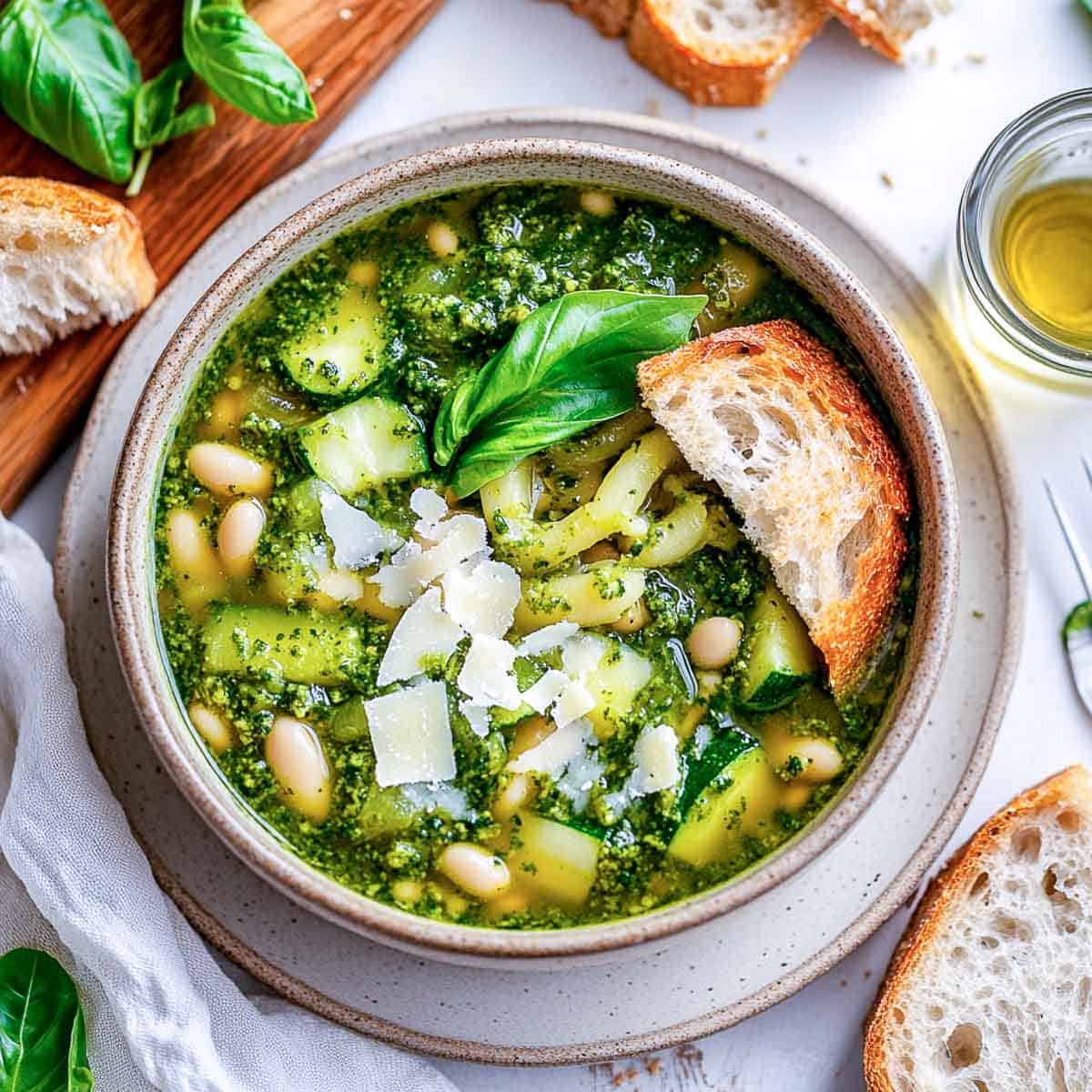 Crockpot green minestrone soup served with bread.