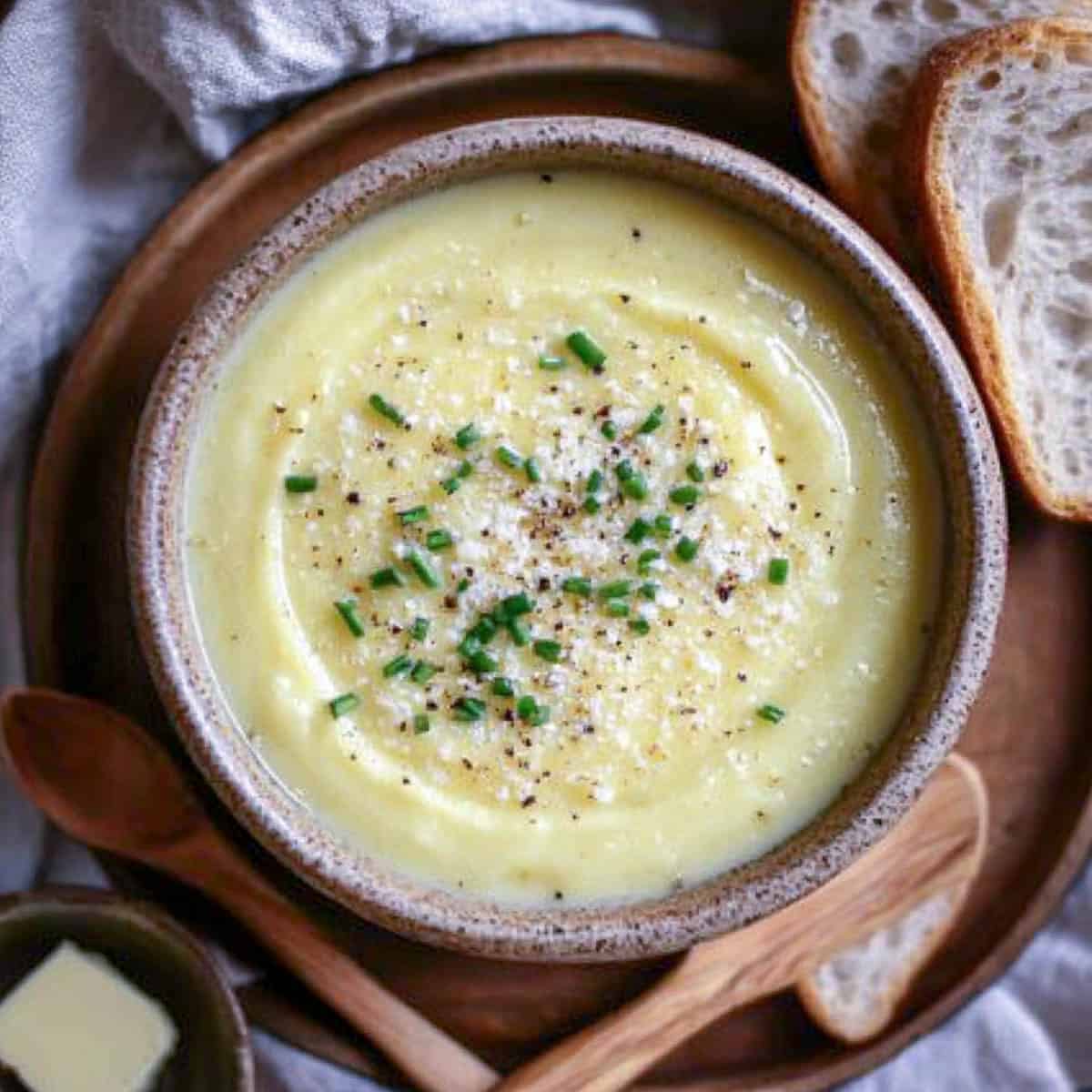 Potato leek soup in a brown bowl placed on a wooden surface.